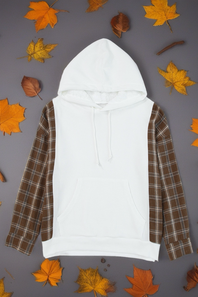 Brown Plaid and White Color Block Waffle Knit Hoodie