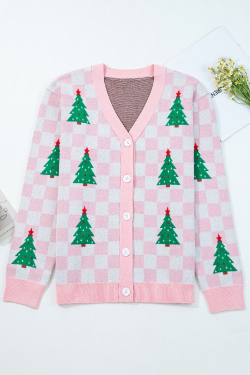 Checkered Christmas Tree Pattern Buttoned V-Neck Cardigan Sweater