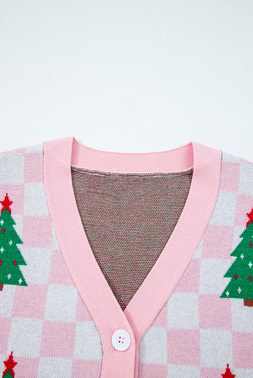 Checkered Christmas Tree Pattern Buttoned V-Neck Cardigan Sweater