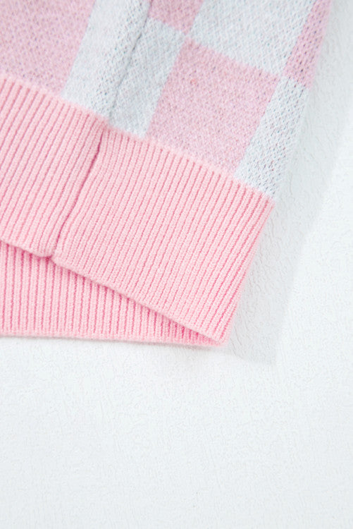 Checkered Christmas Tree Pattern Buttoned V-Neck Cardigan Sweater