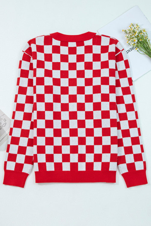 Checkered Christmas Tree Pattern Buttoned V-Neck Cardigan Sweater