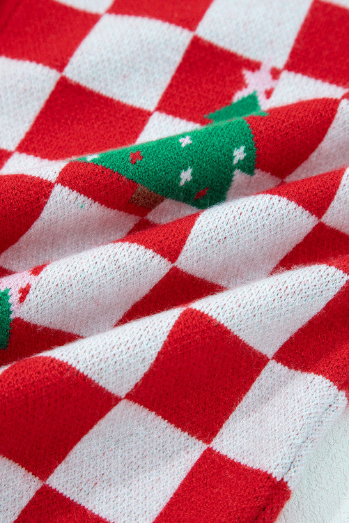 Checkered Christmas Tree Pattern Buttoned V-Neck Cardigan Sweater