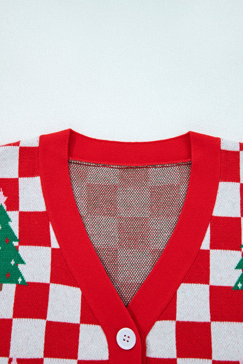 Checkered Christmas Tree Pattern Buttoned V-Neck Cardigan Sweater