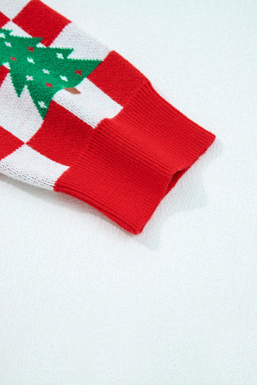 Checkered Christmas Tree Pattern Buttoned V-Neck Cardigan Sweater