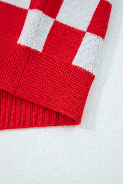 Checkered Christmas Tree Pattern Buttoned V-Neck Cardigan Sweater