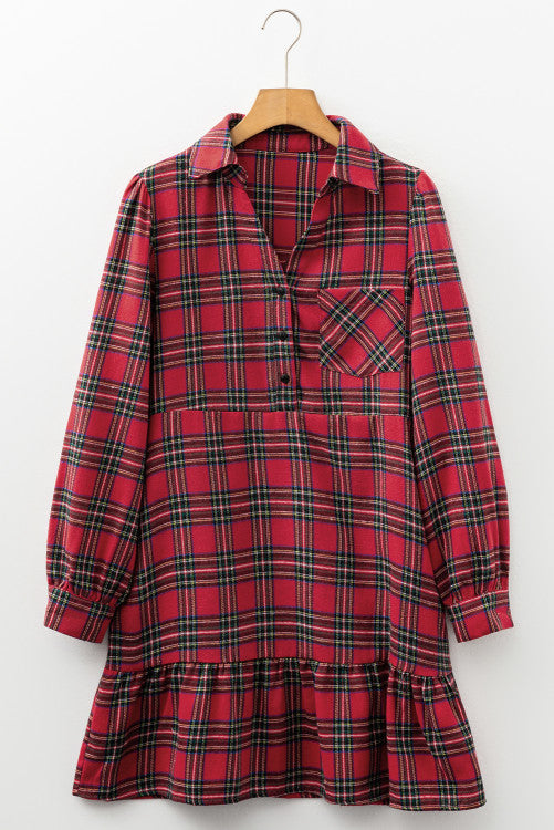 Red Tartan Plaid Button Down Ruffly Long Sleeve Mini Dress