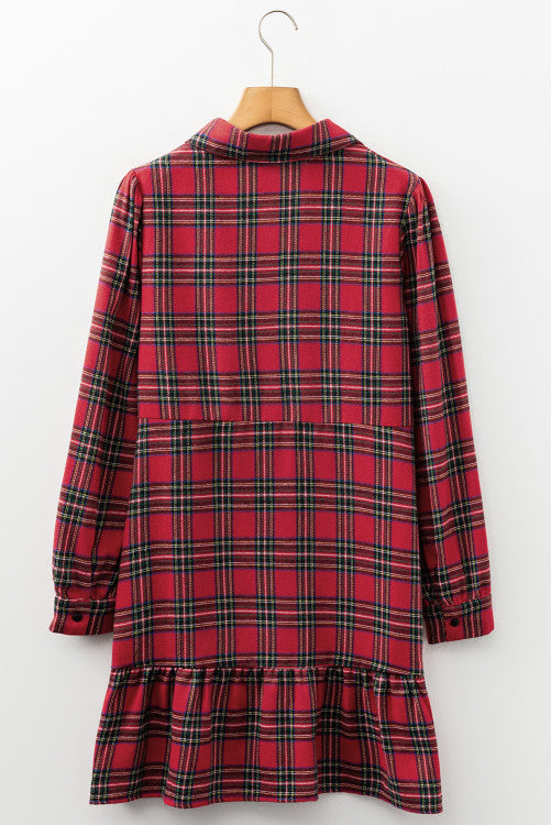Red Tartan Plaid Button Down Ruffly Long Sleeve Mini Dress