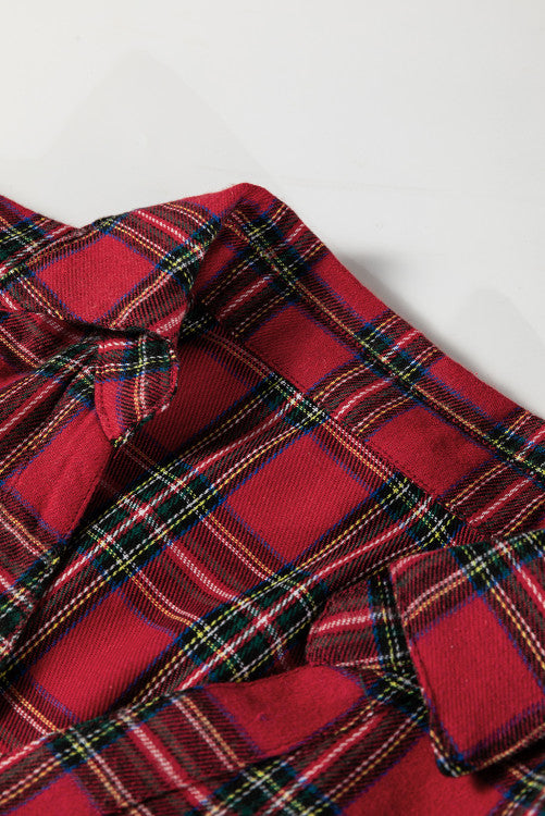 Red Tartan Plaid Button Down Ruffly Long Sleeve Mini Dress