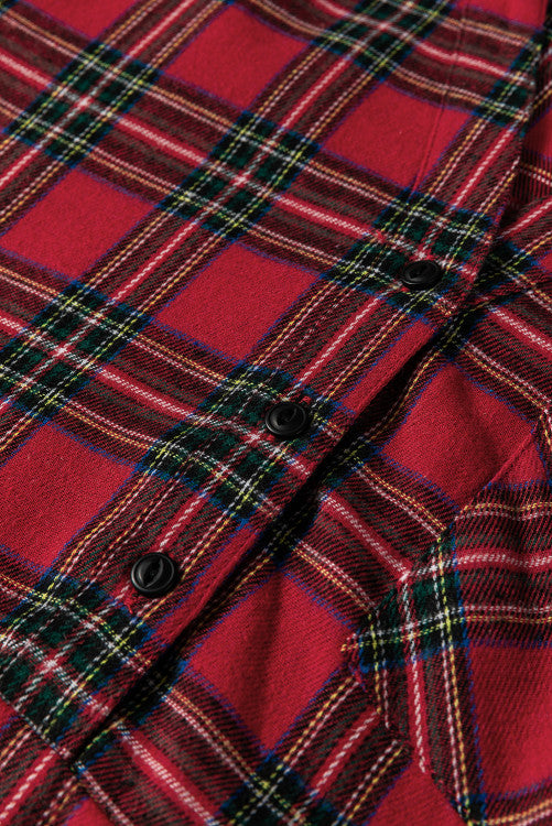 Red Tartan Plaid Button Down Ruffly Long Sleeve Mini Dress