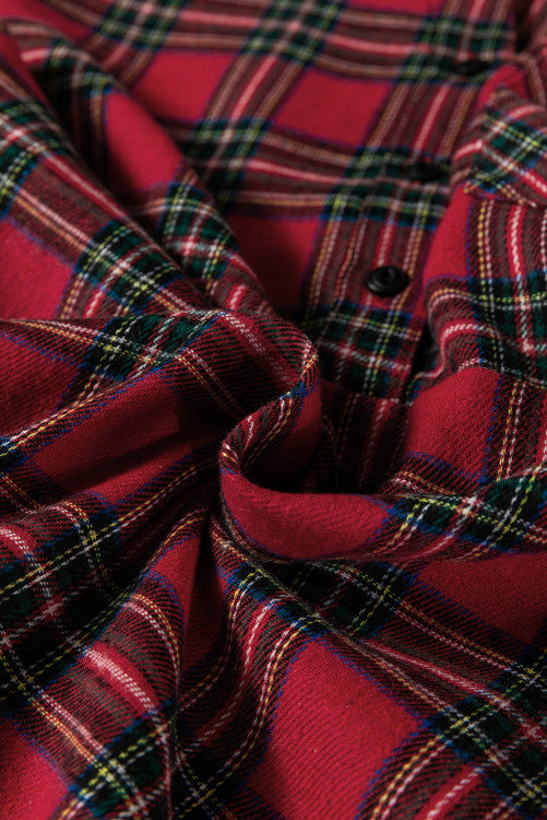 Red Tartan Plaid Button Down Ruffly Long Sleeve Mini Dress