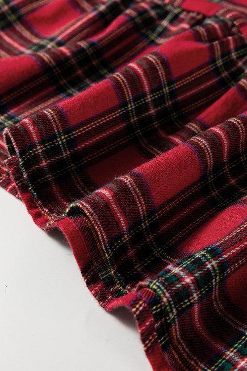 Red Tartan Plaid Button Down Ruffly Long Sleeve Mini Dress