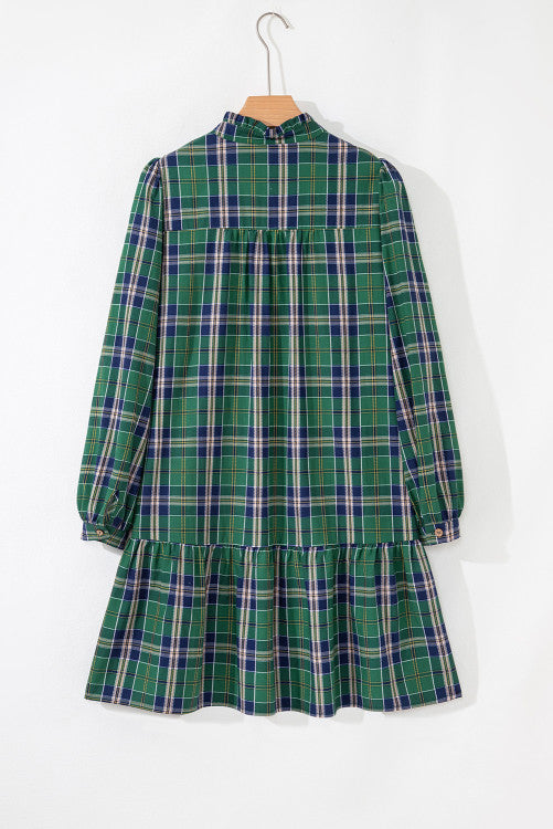 Tartan Plaid Long Sleeve Split Neck Mini Dress