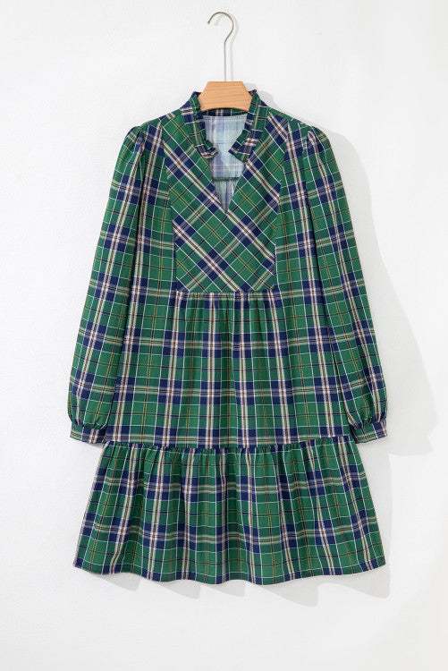 Plus Size Green and Navy Plaid Long Sleeve Split Neck Mini Dress