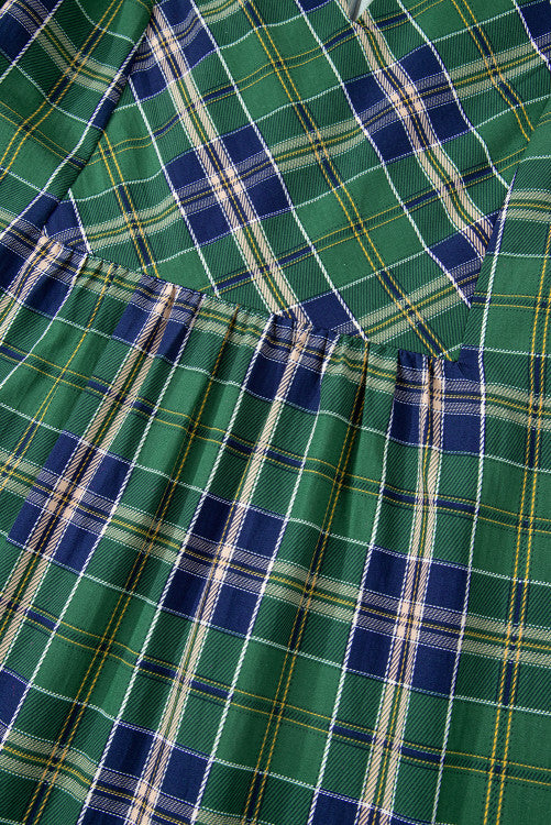 Plus Size Green and Navy Plaid Long Sleeve Split Neck Mini Dress