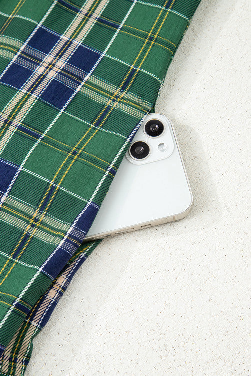 Plus Size Green and Navy Plaid Long Sleeve Split Neck Mini Dress