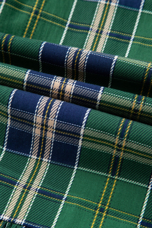 Plus Size Green and Navy Plaid Long Sleeve Split Neck Mini Dress