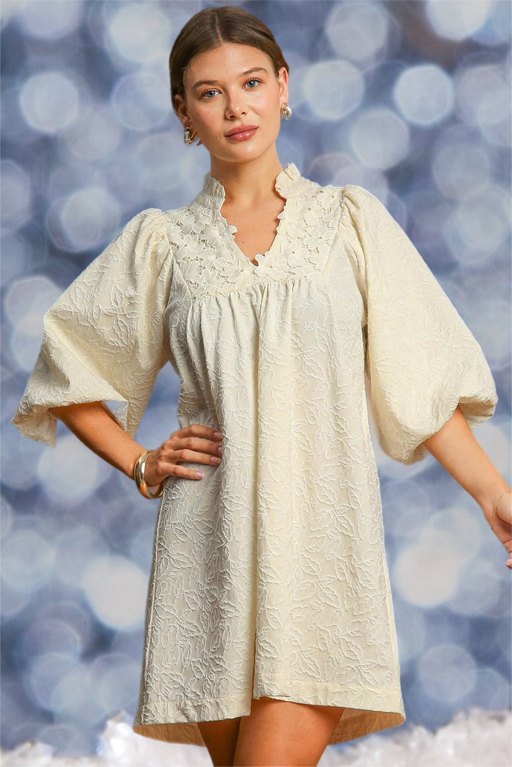 Ivory Floral Textured Bubble Sleeve V-Neck Shift Dress