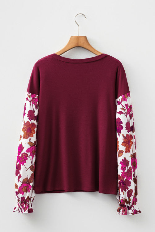 Burgundy Floral Ruffled Cuff Long Sleeve Ribbed Knit Top