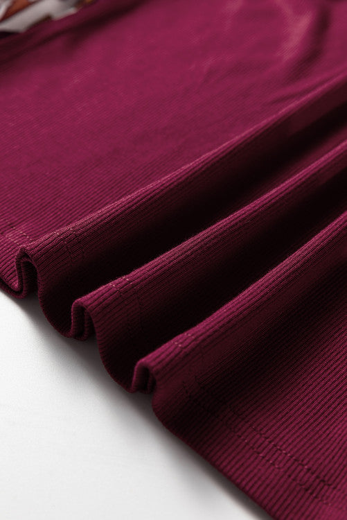 Burgundy Floral Ruffled Cuff Long Sleeve Ribbed Knit Top