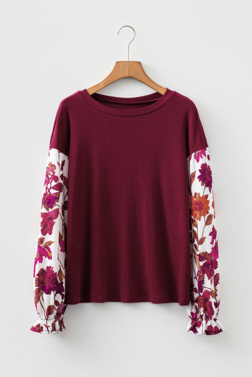 Burgundy Floral Ruffled Cuff Long Sleeve Ribbed Knit Top