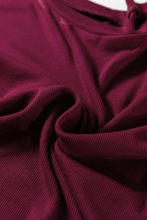 Burgundy Floral Ruffled Cuff Long Sleeve Ribbed Knit Top