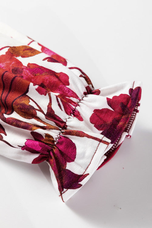 Burgundy Floral Ruffled Cuff Long Sleeve Ribbed Knit Top