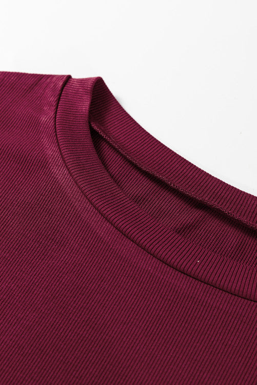 Burgundy Floral Ruffled Cuff Long Sleeve Ribbed Knit Top