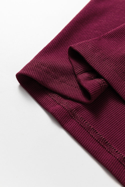 Burgundy Floral Ruffled Cuff Long Sleeve Ribbed Knit Top