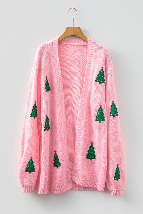 Christmas Tree Appliqué Open Front Drop Shoulder Pink Cardigan