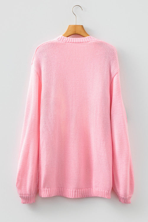 Christmas Tree Appliqué Open Front Drop Shoulder Pink Cardigan