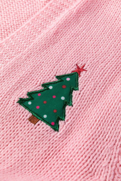 Christmas Tree Appliqué Open Front Drop Shoulder Pink Cardigan