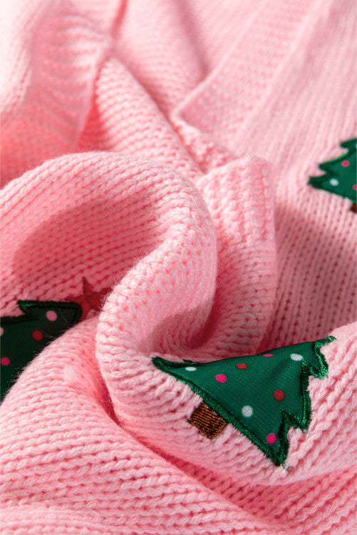 Christmas Tree Appliqué Open Front Drop Shoulder Pink Cardigan