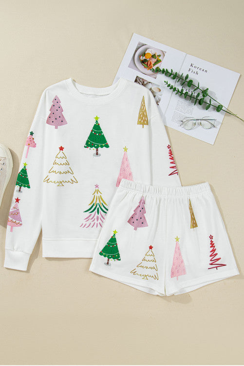 Pink and Green Christmas Tree Print Long Sleeve Top and Shorts Lounge Set