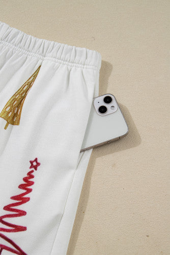 Pink and Green Christmas Tree Print Long Sleeve Top and Shorts Lounge Set