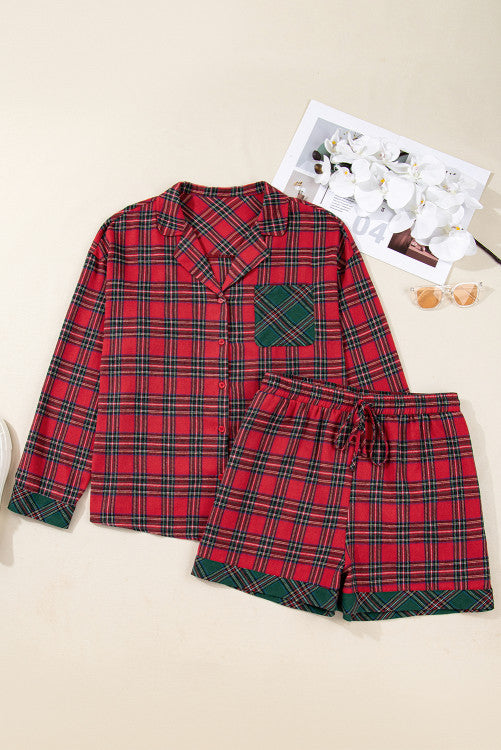 Plus Size Red Tartan Plaid Button Down Long Sleeve Shirt and Shorts Lounge Set