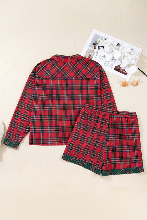 Plus Size Red Tartan Plaid Button Down Long Sleeve Shirt and Shorts Lounge Set