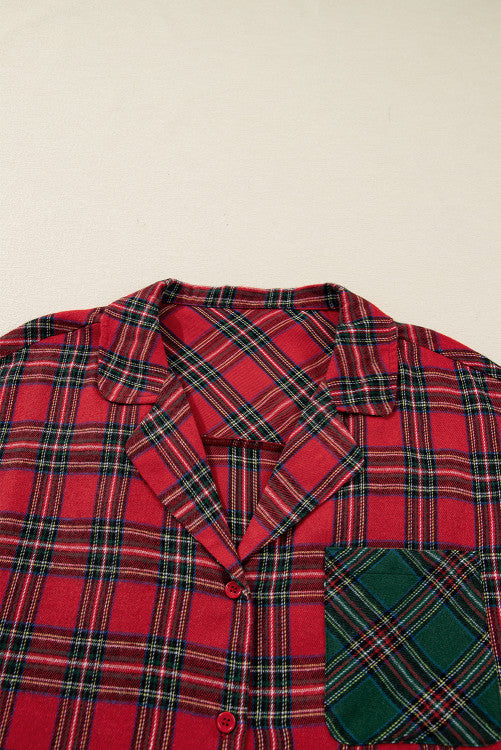 Plus Size Red Tartan Plaid Button Down Long Sleeve Shirt and Shorts Lounge Set
