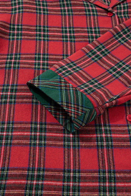 Plus Size Red Tartan Plaid Button Down Long Sleeve Shirt and Shorts Lounge Set