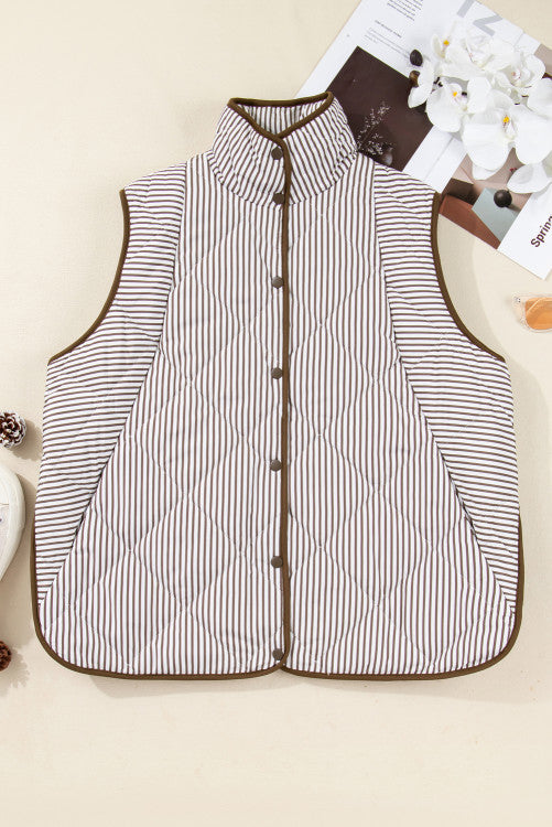 Plus Size Brown Stripe Contrast Trim Snap Up Quilted Vest