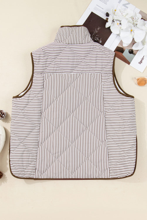 Plus Size Brown Stripe Contrast Trim Snap Up Quilted Vest