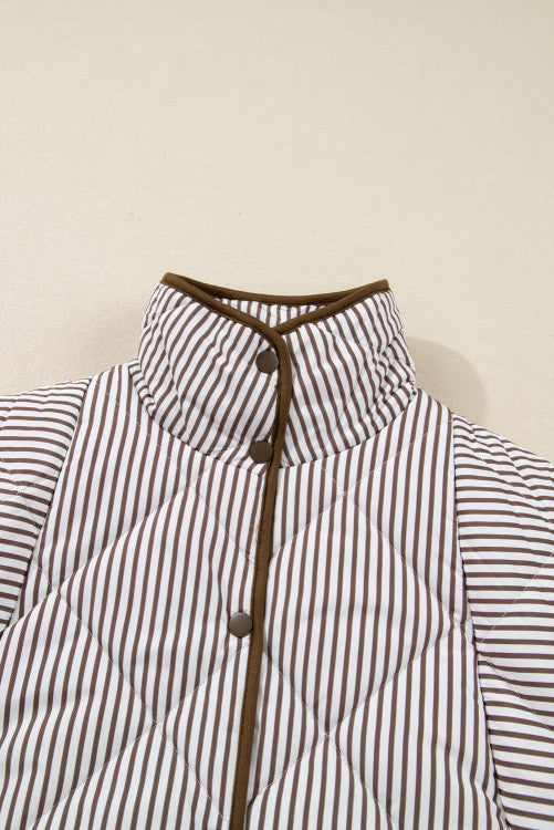 Plus Size Brown Stripe Contrast Trim Snap Up Quilted Vest