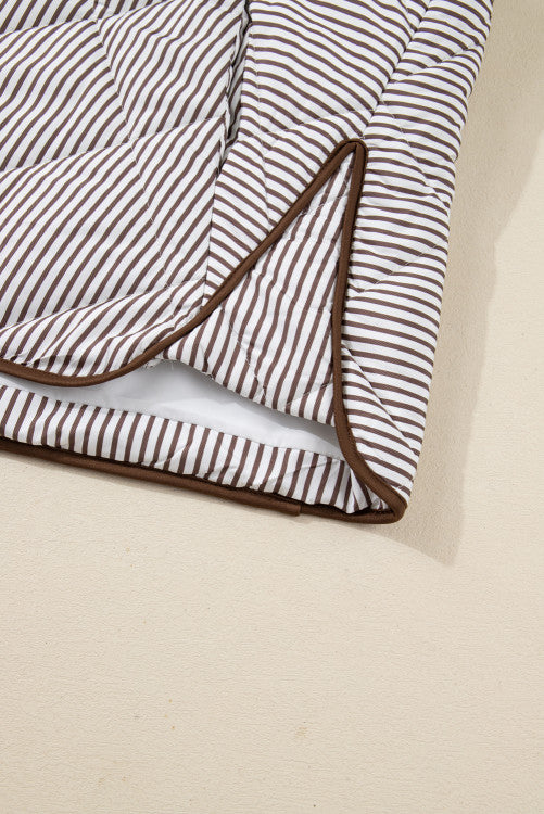 Plus Size Brown Stripe Contrast Trim Snap Up Quilted Vest