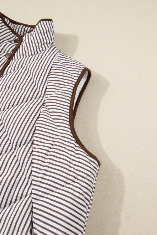 Plus Size Brown Stripe Contrast Trim Snap Up Quilted Vest