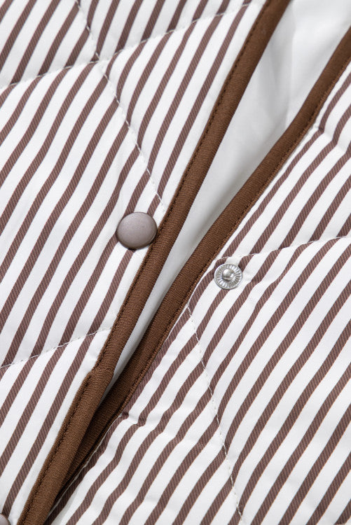 Plus Size Brown Stripe Contrast Trim Snap Up Quilted Vest