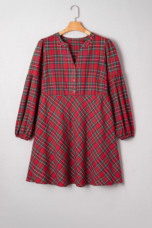 Plus Size Red Tartan Plaid Long Sleeve Shift Dress w/Pockets