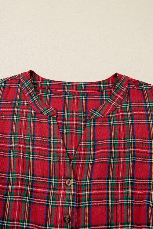 Plus Size Red Tartan Plaid Long Sleeve Shift Dress w/Pockets