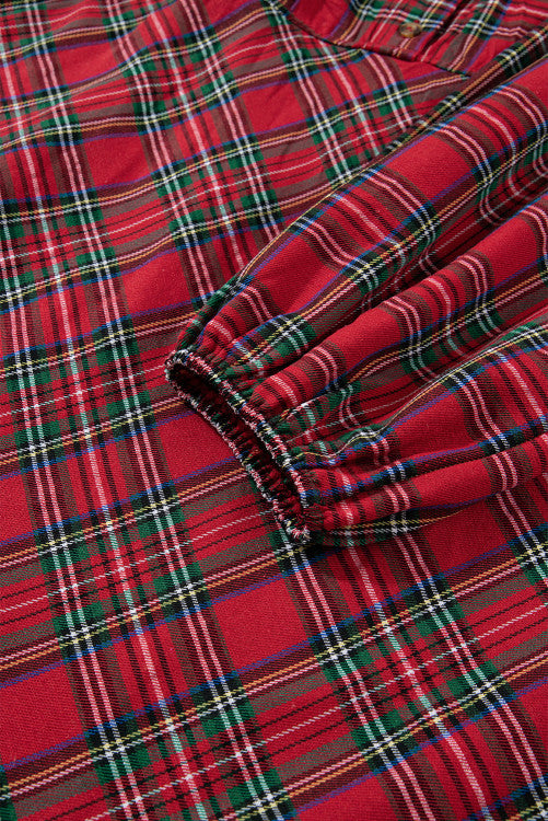 Plus Size Red Tartan Plaid Long Sleeve Shift Dress w/Pockets