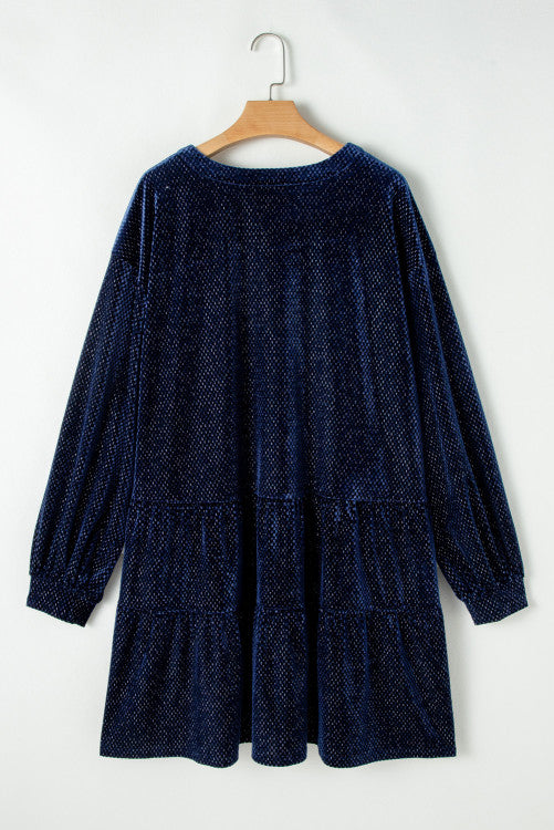 Plus Size Textured Metallic  Velvet Pearl Button Shift Dress