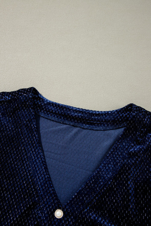 Plus Size Textured Metallic  Velvet Pearl Button Shift Dress