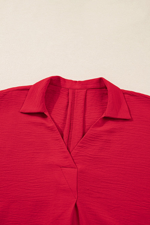 Plus Size Red Smocked Cuff 3/4 Dolman Sleeve Oversized Tunic Blouse